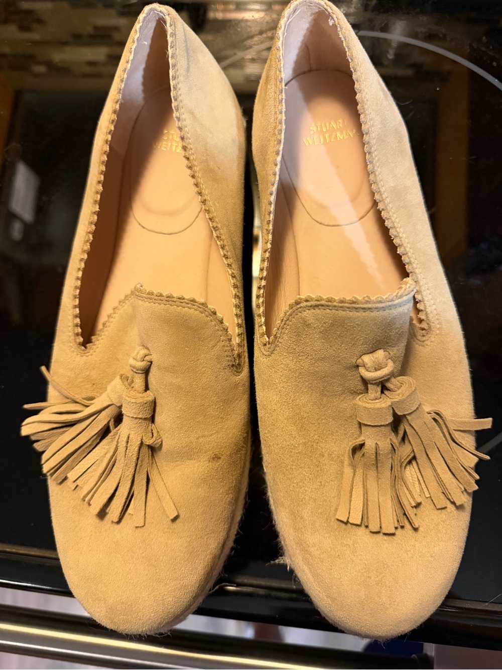 Stuart Weitzman Beige Suede Tassel Loafers/Espadrilles